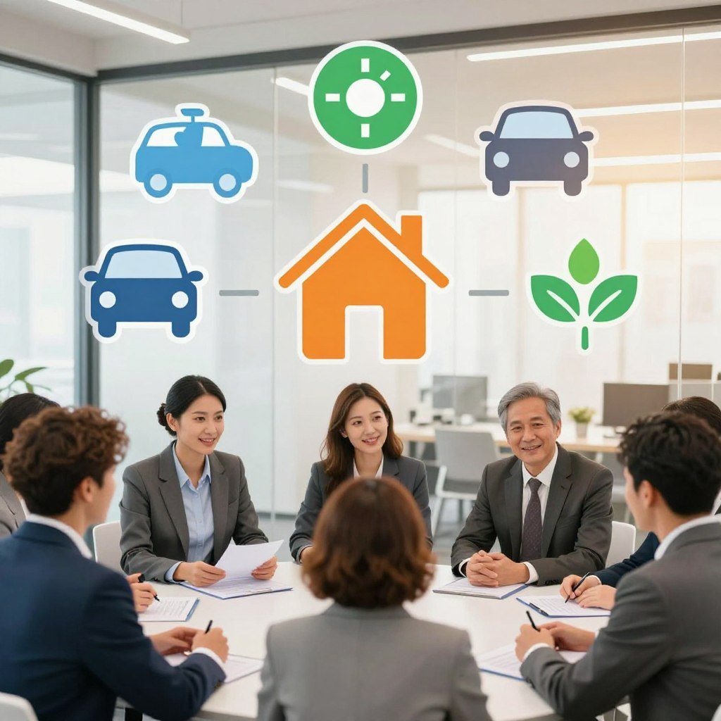 A visually engaging illustration representing various types of insurance. In the foreground, display a diverse group of people in professional business attire, engaged in discussions around insurance policies. In the middle, showcase icons or symbols representing different types of insurance, such as health, auto, home, and life insurance, creatively arranged. The background features a modern office setting with soft lighting to create a warm and professional atmosphere. Use a slightly wide-angle lens effect to give depth to the scene, emphasizing collaboration and knowledge-sharing. Aim for bright, inviting colors that evoke trust and security, ensuring the overall mood is informative and positive.