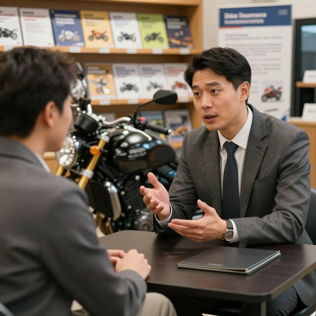 A visually engaging image depicting a motorcycle insurance consultation scene. In the foreground, a professional-looking insurance agent in business attire is enthusiastically discussing motorcycle insurance options with a client, who is dressed in smart casual clothing. The middle ground features a stylish motorcycle, with details like chrome accents and a sleek design, symbolizing a high-quality bike. In the background, there are shelves filled with brochures and posters about motorcycle insurance tips, emphasizing guidance and assurance. The lighting is warm and inviting, creating an atmosphere of trust and professionalism. The angle captures both the client and agent's expressions of understanding and engagement, reflecting the informative nature of the consultation, while excluding any text or branding elements.