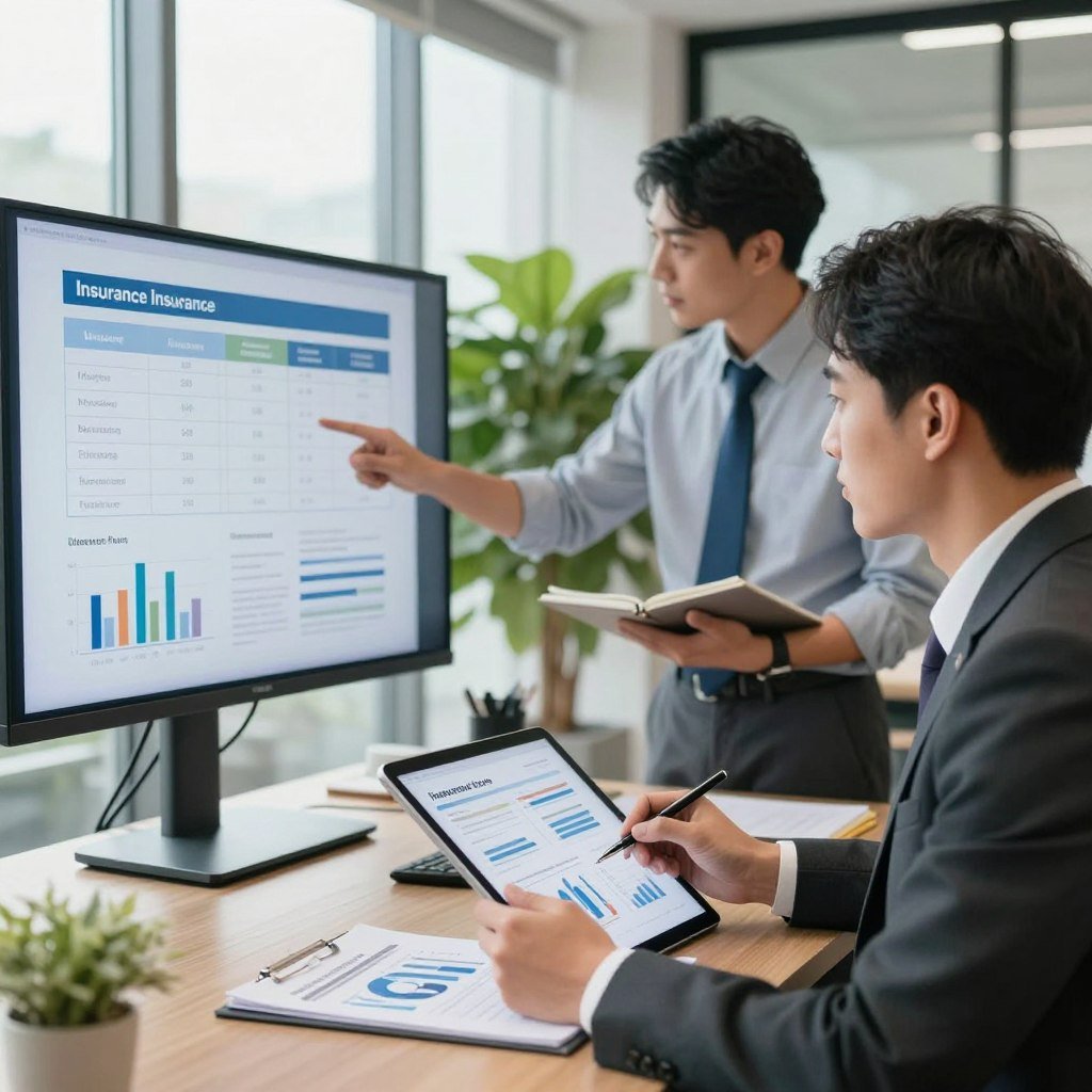 A visually engaging office scene depicting a diverse group of professionals collaboratively comparing insurance options. In the foreground, a focused individual in formal business attire examines documents and graphs on a tablet, showcasing different insurance plans. The middle ground features two colleagues, one pointing at a detailed comparison chart on a large screen, while another takes notes, illustrating teamwork and analysis. In the background, large windows let in soft, natural light that brightens the modern office space, filled with green plants. The atmosphere is one of concentration and professionalism, highlighting the importance of informed decision-making when selecting an insurance company. The composition should evoke a sense of clarity and trust in the insurance selection process.