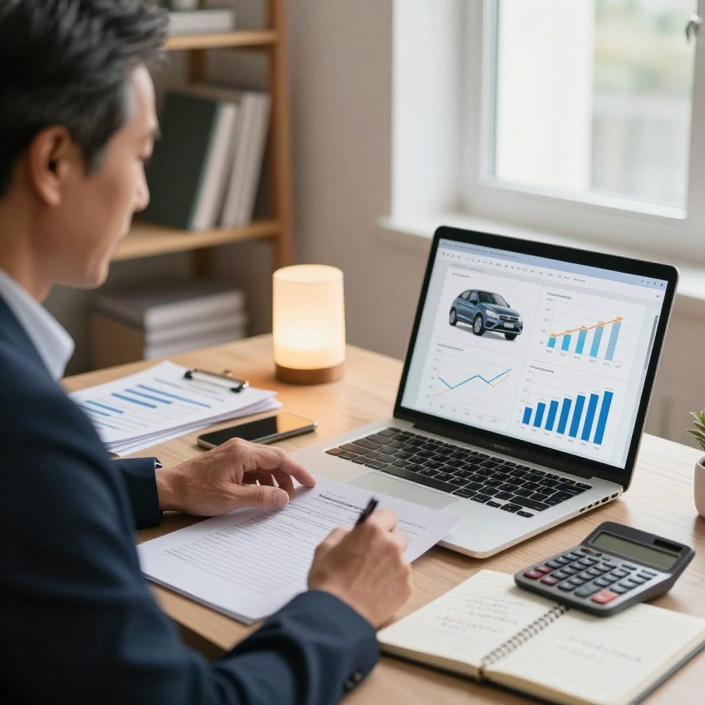 A visually engaging scene depicting a smartly dressed professional, a middle-aged man or woman, sitting at a desk with a laptop open, focused on researching car insurance options. The foreground shows the individual interacting with financial documents, a calculator, and an open notebook filled with handwritten tips. In the middle, a subtle light source from a nearby window illuminates the workspace, creating a warm, inviting atmosphere. Various charts and graphs showing different insurance rates are displayed on the laptop screen. The background features a well-organized office space with shelves containing books on finance and insurance, conveying a sense of professionalism. The overall mood is one of determination and resourcefulness, emphasizing the importance of finding affordable car insurance solutions.