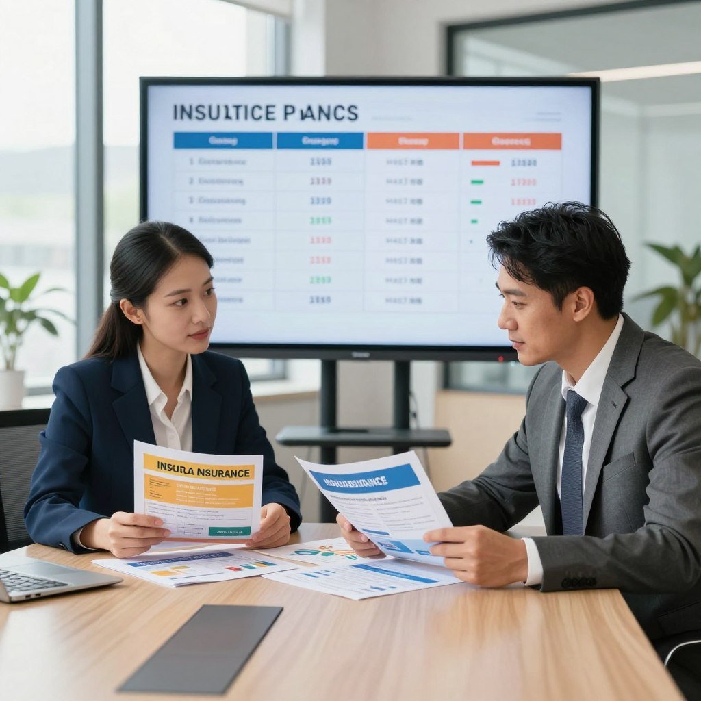 A visually engaging scene depicting the process of comparing insurance options. In the foreground, a professional man and woman, dressed in sleek business attire, are seated at a modern conference table, examining various colorful insurance brochures and charts spread across the table. Their expressions reflect concentration and collaboration. In the middle ground, a large screen displays graphical comparisons of insurance plans with clear visuals, highlighting key features like coverage and prices. The background features a bright, airy office space with large windows letting in natural light, creating an optimistic and productive atmosphere. The overall mood should feel professional yet approachable, with warm lighting to enhance the sense of trust and reliability in making financial decisions. The composition should capture the essence of diligence and informed decision-making in the insurance landscape.