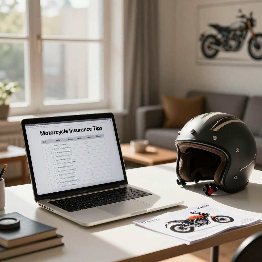 A visually engaging scene illustrating practical tips for saving on motorcycle insurance. In the foreground, a neatly organized desk displays a laptop with a checklist titled "Motorcycle Insurance Tips," alongside a stylish leather helmet and a motorcycle brochure. The middle layer features an open window letting in soft, warm natural light, casting gentle shadows across the desk. In the background, a modern living room with a comfortable couch and a wall decorated with motorcycle art sets an inviting atmosphere. The overall mood is optimistic and informative, highlighting the importance of being savvy when choosing insurance. Use a slight depth of field effect to keep the focus on the desk while softly blurring the background. The image should convey professionalism and approachability, appealing to motorcycle enthusiasts seeking advice.