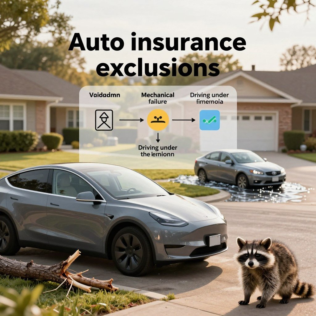 A visually engaging scene illustrating the concept of "auto insurance exclusions." In the foreground, a sleek, modern car parked in a residential driveway, surrounded by symbols of potential exclusions—such as a broken tree branch, a flooded car, and an angry raccoon, each depicted clearly and distinctively. In the middle ground, a subtle yet informative chart or image overlay hints at various exclusions like vandalism, mechanical failure, and driving under the influence. The background features a peaceful suburban neighborhood under soft, warm sunlight, evoking a sense of normalcy. The composition should have a slight depth of field, keeping the foreground elements in sharp focus while the background gently blurs. The overall mood is informative yet approachable, aimed at providing clarity on auto insurance terms. A visually engaging scene illustrating the concept of "auto insurance exclusions." In the foreground, a sleek, modern car parked in a residential driveway, surrounded by symbols of potential exclusions—such as a broken tree branch, a flooded car, and an angry raccoon, each depicted clearly and distinctively. In the middle ground, a subtle yet informative chart or image overlay hints at various exclusions like vandalism, mechanical failure, and driving under the influence. The background features a peaceful suburban neighborhood under soft, warm sunlight, evoking a sense of normalcy. The composition should have a slight depth of field, keeping the foreground elements in sharp focus while the background gently blurs. The overall mood is informative yet approachable, aimed at providing clarity on auto insurance terms.