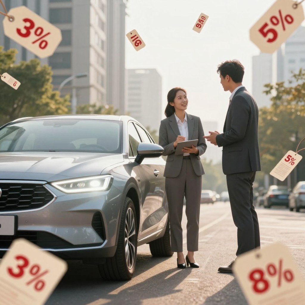 A visually engaging scene showcasing the concept of discounts and benefits related to comprehensive car insurance. In the foreground, a modern car is parked, emphasized with a glow highlighting its sleek design. Surrounding the car, scattered price tags and discount coupons, showcasing various percentages, create a dynamic feel. The middle ground features a professional insurance agent in business attire, discussing with a satisfied customer, gesturing towards the car. In the background, a sunny urban setting with tall buildings and trees represents security and progress. Soft, warm lighting enhances the atmosphere of trust and positivity. A low-angle view from slightly behind the car positions it prominently, inviting the viewer to enter the scene while keeping the focus on the benefits of total car insurance.