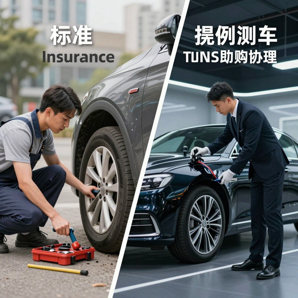 A visually engaging split-screen image that illustrates the differences between standard and premium auto insurance assistance. On the left side, depict a standard assistance scenario: a car with a flat tire being handled by a worker in casual attire, using a basic toolkit under a soft daylight atmosphere. On the right side, showcase premium assistance: a luxurious car being serviced by a professional in business attire, utilizing advanced equipment in a sleek, modern setting with dynamic lighting and a dramatic angle. The background should feature an urban environment, emphasizing contrasting levels of service and sophistication. The overall mood is informative yet visually captivating, drawing attention to the quality differences in a polished manner.