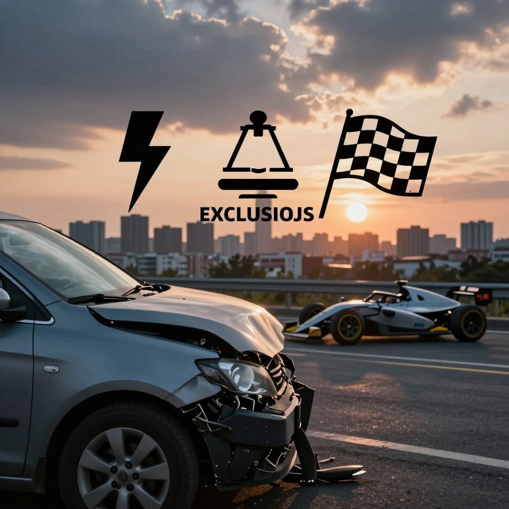 A visually striking and informative illustration highlighting automotive insurance exclusions. In the foreground, a close-up of a car accident scene with a damaged vehicle, emphasizing the exclusion of coverage for driver negligence. In the middle ground, various symbols representing typical exclusions, like natural disasters (a lightning bolt), illegal activities (a broken law symbol), and racing (a checkered flag), arranged artistically around the damaged car. In the background, a cityscape under a dramatic sunset with moody, soft lighting, creating an atmosphere of uncertainty. Use a wide-angle lens effect to enhance perspective and depth, ensuring an engaging, professional tone throughout. The image should be free of any text, captions, or branding elements.