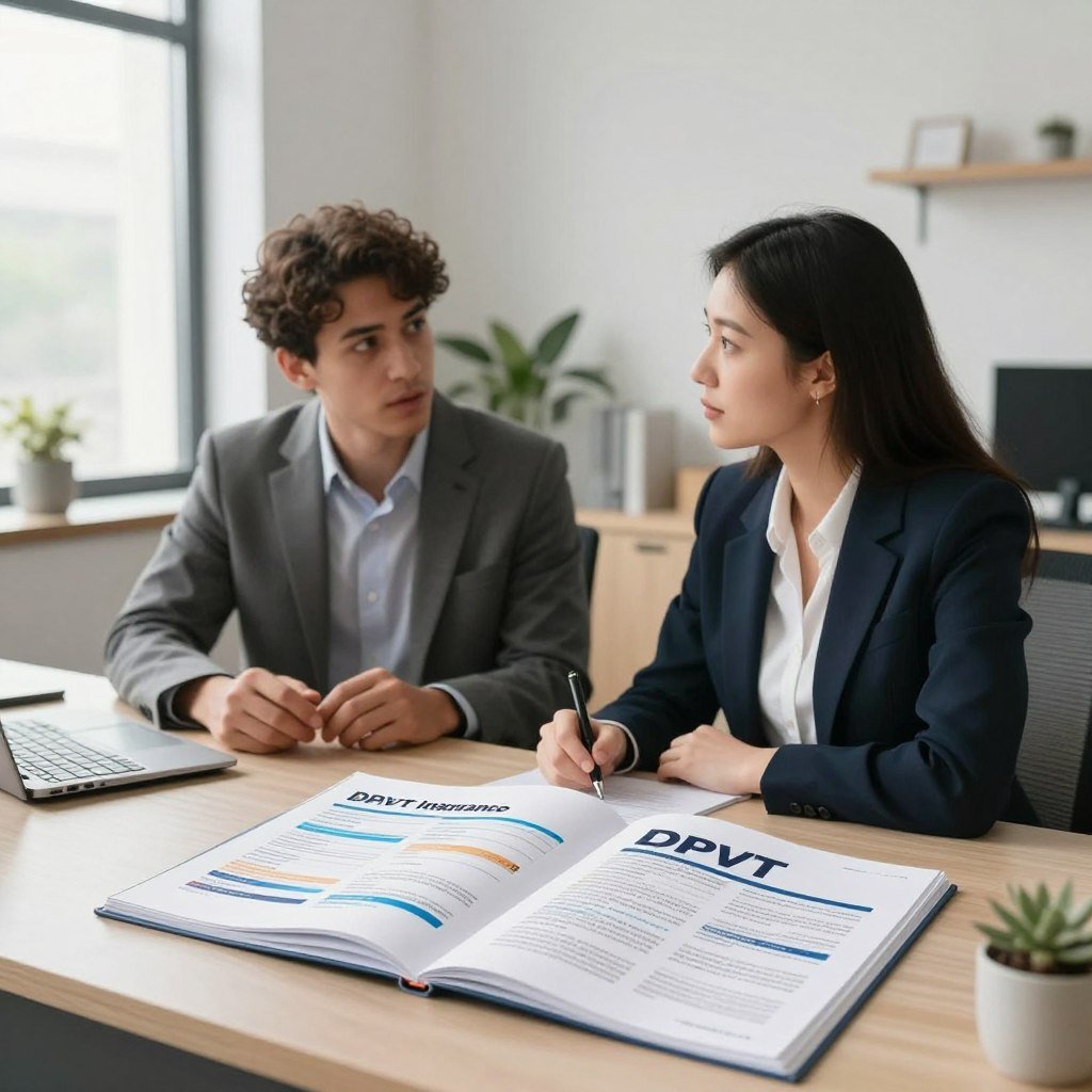A visually striking comparison image of different DPVT insurance policies, set in a professional office environment. In the foreground, feature a large, modern desk with open brochures and documents detailing various insurance options, illuminated by soft, natural light coming from a nearby window. The middle ground showcases two diverse professionals, a man and a woman, in smart business attire, intently discussing the policies, with thoughtful expressions. In the background, a calming, minimalist office decor enhances the clarity of the scene, with neutral colors and subtle decorative elements. The atmosphere conveys a sense of deliberation and trust, ideal for readers considering their insurance options.