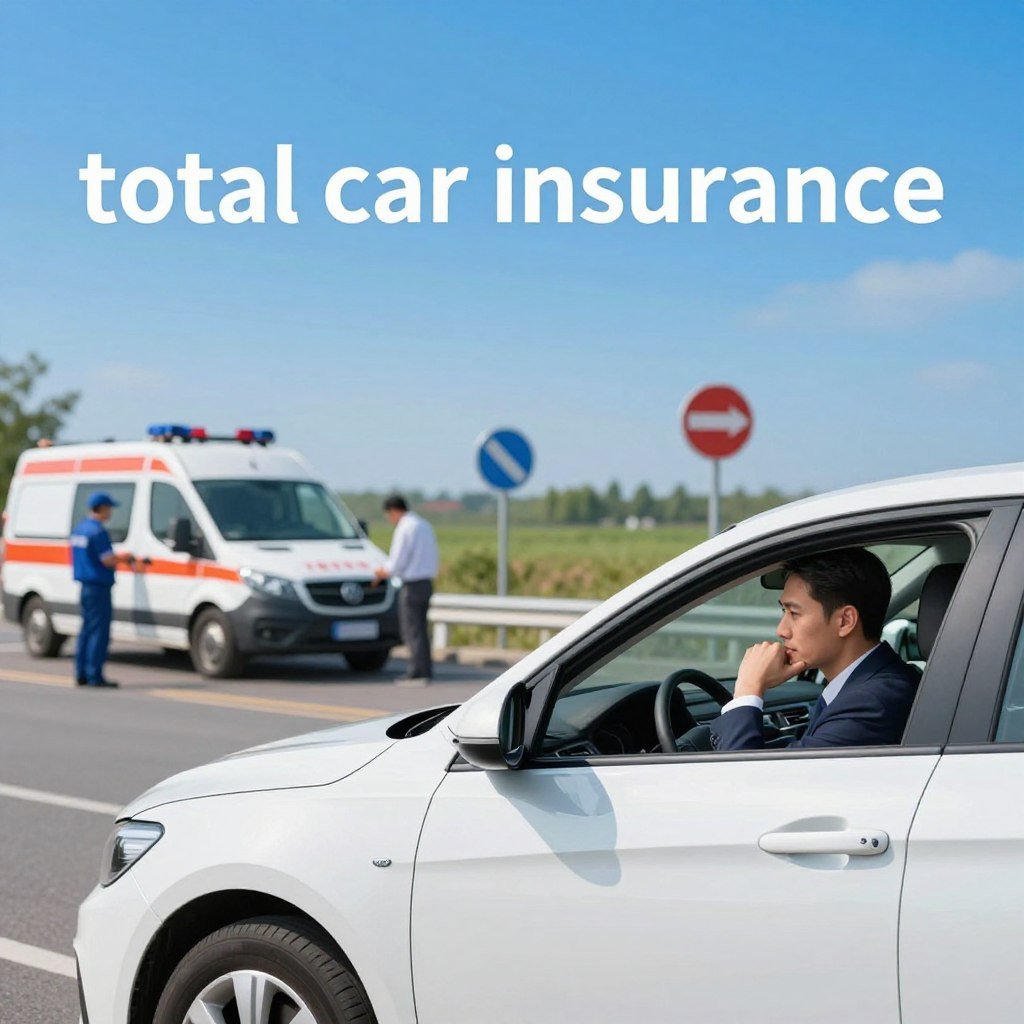A visually striking composition depicting a serene yet tense scene of a car accident aftermath, symbolizing “total car insurance” in a clear, understandable way. In the foreground, a sleek, modern vehicle with minimal damage is illustrated, featuring a serene driver in professional business attire, assessing the situation thoughtfully. The middle ground shows a gentle gradient of emergency vehicles parked nearby, with professionals in modest outfits attending to the incident. The background features a clear blue sky, evoking a sense of hope, and safety signage subtly blended into a green landscape to reflect protection. The lighting is bright and natural, creating a hopeful atmosphere, with a shallow depth of field focusing on the driver’s expression. Capture the mood of calm reassurance and professional support in the face of an unexpected situation.