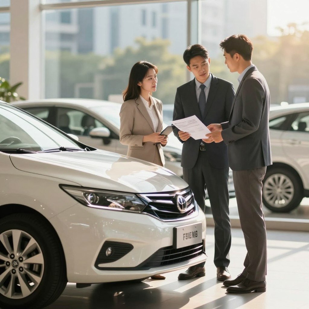 A visually striking composition depicting the advantages of used car insurance. In the foreground, a well-maintained used car is parked at an auto dealership, shining under bright sunlight, showcasing its features like polished paint and clean wheels. In the middle ground, a professional insurance agent engages with a couple, both dressed in smart casual attire, discussing a policy brochure while radiating confidence and reassurance. The background features a blurred modern cityscape, symbolizing safety and modernity, emphasizing the importance of protection. The lighting is warm and inviting, casting soft shadows that add depth, while the angle captures both the car and the agents' interaction, creating an atmosphere of trust and security, suitable for a positive article section on used car insurance benefits.