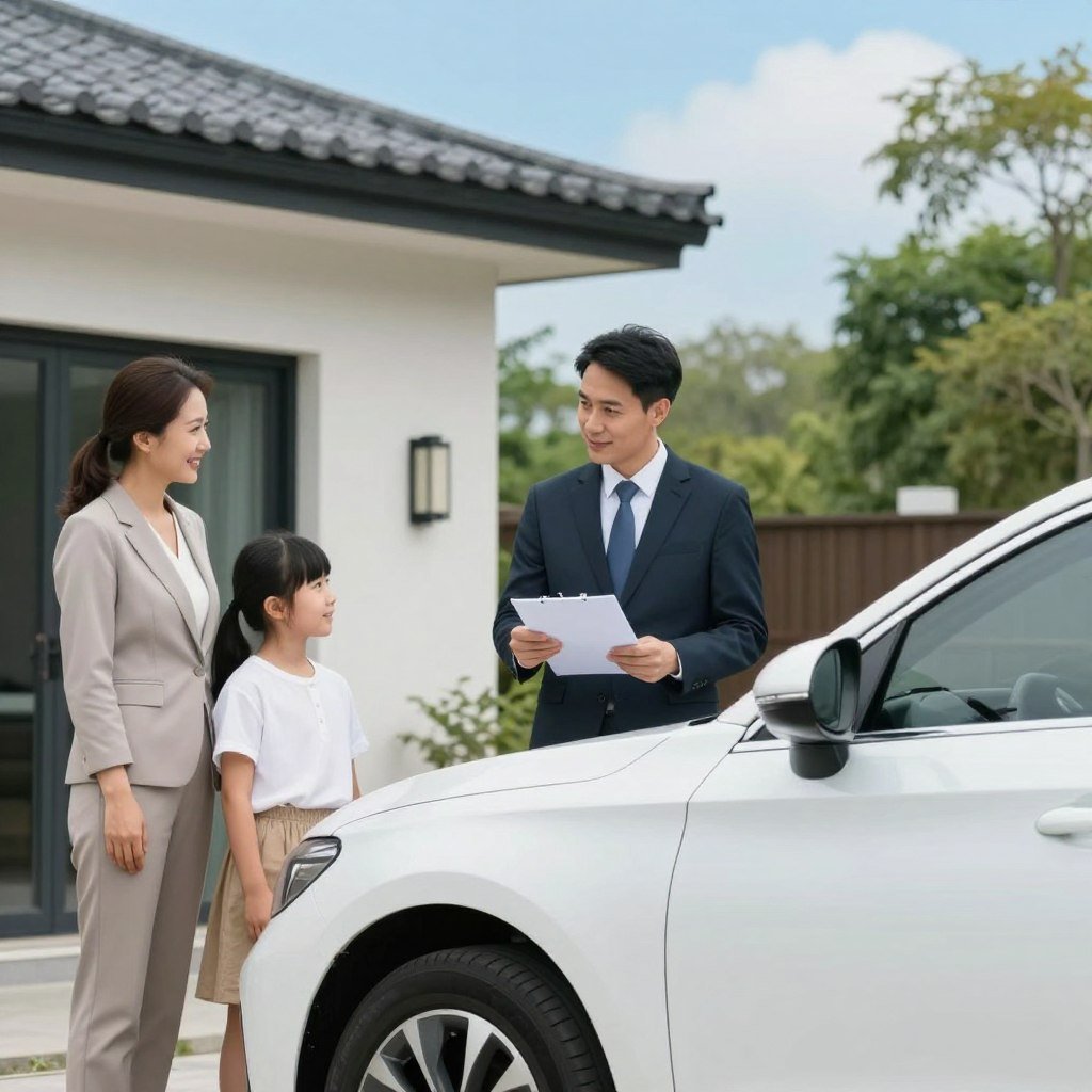 A visually striking composition illustrating the advantages of car insurance. In the foreground, a pristine car parked outside a modern home, symbolizing safety and security. To the left, a smiling family in professional attire, enjoying peace of mind as they glance at their vehicle, showcasing unity and contentment. In the middle ground, a friendly insurance agent discussing terms with the family, highlighting trust and professionalism in a well-lit setting. The background features a clear blue sky and lush greenery, creating a tranquil and reassuring atmosphere. Soft, natural lighting emphasizes warmth and positivity, while the focus is sharp on the subjects, using a moderate depth of field to blur the surroundings subtly, directing attention to the emotional benefits of car insurance.