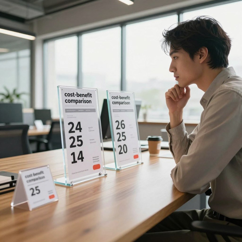 A visually striking conceptual image depicting the theme of "cost-benefit comparison." In the foreground, a business professional in smart casual attire examines two competing price tags displayed on transparent screens, thoughtfully analyzing the information. The middle ground features a sleek, modern office setting with a polished wooden desk filled with various products, each labeled with clear pricing. In the background, large windows allow natural light to pour in, illuminating the room and creating a warm, inviting atmosphere. The mood conveys focus and professionalism, with a hint of optimism as the professional contemplates making a smart choice. The angle should be slightly tilted, giving a dynamic perspective to the scene, emphasizing the contrast between the price tags. Soft shadows and bright highlights enhance the clarity of the objects without overcrowding the image.