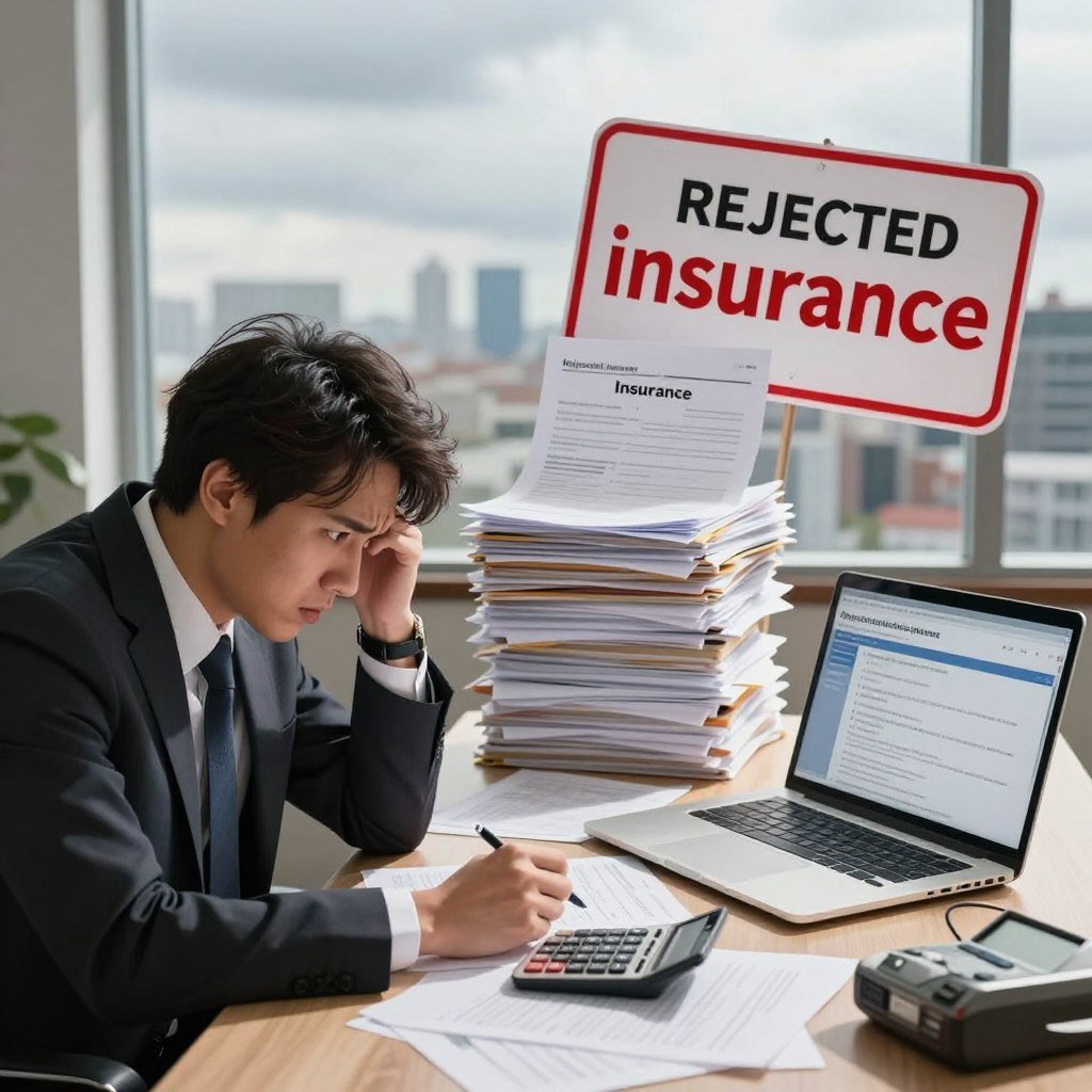A visually striking illustration depicting common mistakes when purchasing car insurance. In the foreground, a frustrated individual, dressed in professional business attire, sits at a desk cluttered with insurance papers, a calculator, and a laptop displaying confusing insurance terms. In the middle ground, a large stack of rejected insurance applications and red warning signs indicating poor choices stand out. The background features a cityscape through a window under a cloudy sky, symbolizing uncertainty. Soft, natural lighting streams in, casting shadows that create a sense of urgency. The mood is contemplative yet slightly stressful, highlighting the importance of informed decision-making in car insurance. Focus on the character's expression of concern and the chaotic environment to emphasize the theme.