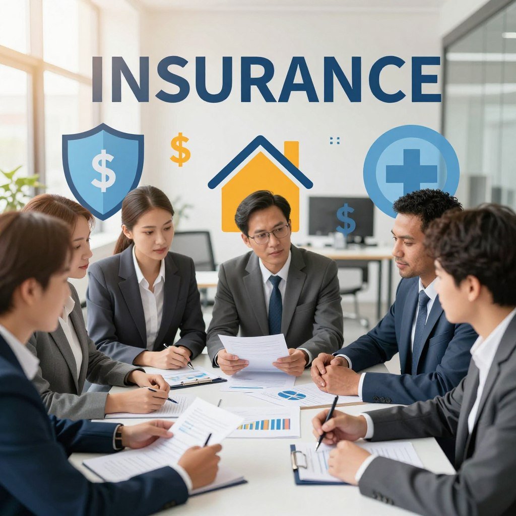 A visually striking illustration depicting the advantages of insurance. In the foreground, a diverse group of professionals in business attire, including men and women of various ethnicities, discuss over a table laden with documents and charts representing financial security and growth. The middle ground features icons symbolizing safety, like a shield, a house, and a health cross, interspersed with dollar signs and graphs. The background presents a soft focus of an office environment with warm, natural lighting, casting a welcoming atmosphere. The camera angle is slightly above eye level for a balanced perspective, emphasizing the importance and professionalism of insurance in everyday life. The overall mood conveys trust and security, inviting the viewer to appreciate the benefits of having insurance.