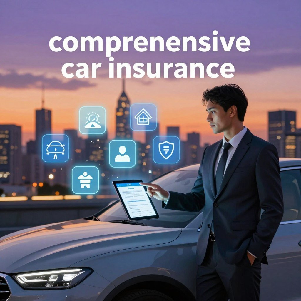 A visually striking image depicting the concept of "comprehensive car insurance." In the foreground, a confident individual in professional business attire stands beside a modern car, gesturing towards a digital tablet displaying insurance coverage options. In the middle ground, an array of icons representing various assistances, such as roadside assistance, accident support, and theft protection, float around the car, illuminated with soft neon lighting for emphasis. In the background, a city skyline at dusk provides a dynamic contrast, with warm tones of orange and purple in the sky. The atmosphere is one of assurance and security, capturing the essence of protection and peace of mind. The composition should have a balanced perspective, utilizing a slight tilt to create depth.