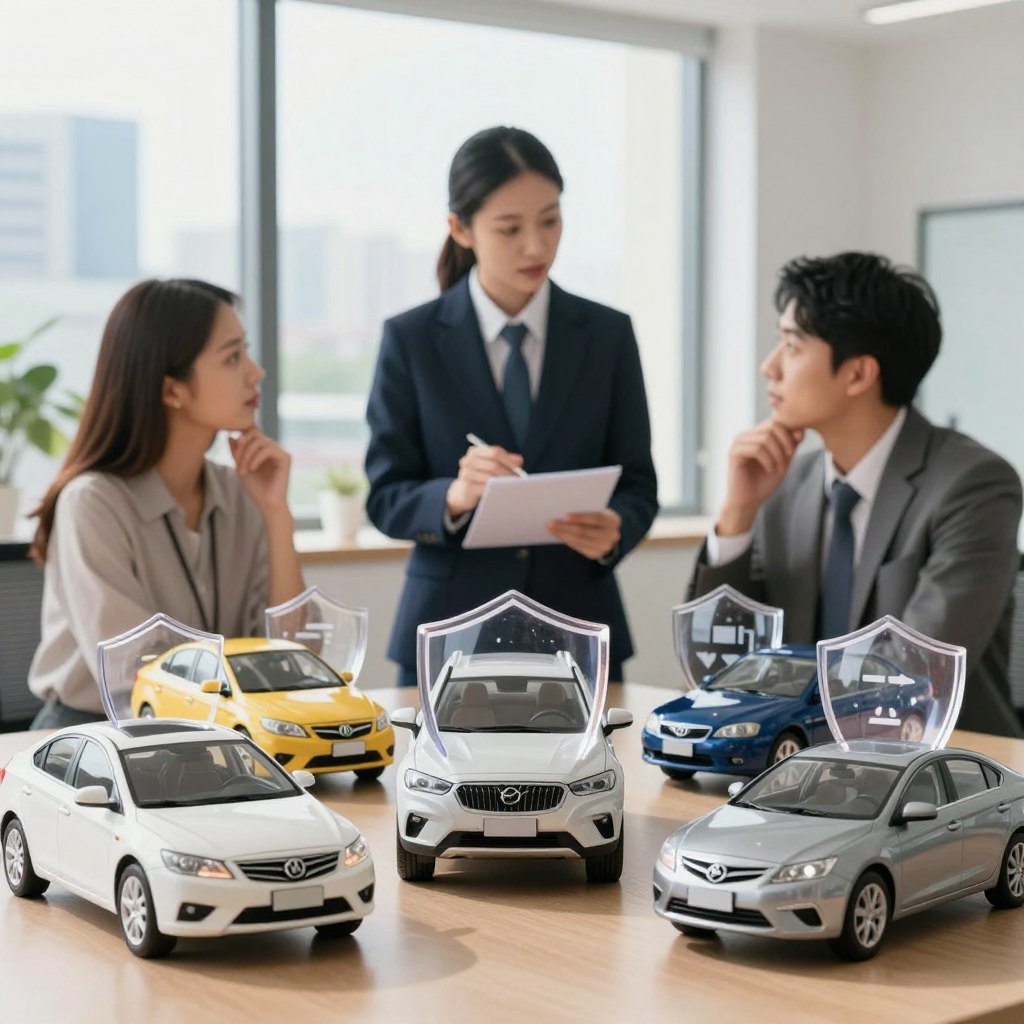 A visually striking image illustrating various types of auto insurance. In the foreground, display a diverse range of car models, including a sedan, SUV, and coupe, each protected with a transparent shield symbolizing coverage. The middle ground should feature a professional-looking agent in business attire, discussing insurance options with a couple, who appear thoughtful and engaged. The background could include a modern office setting with a large window showing a sunny city landscape, suggesting a positive and secure environment. Soft, natural lighting enhances the atmosphere, while a slight focus blur on the agents adds depth to the image. The overall mood should convey safety, trust, and professionalism, highlighting the importance of auto insurance options.