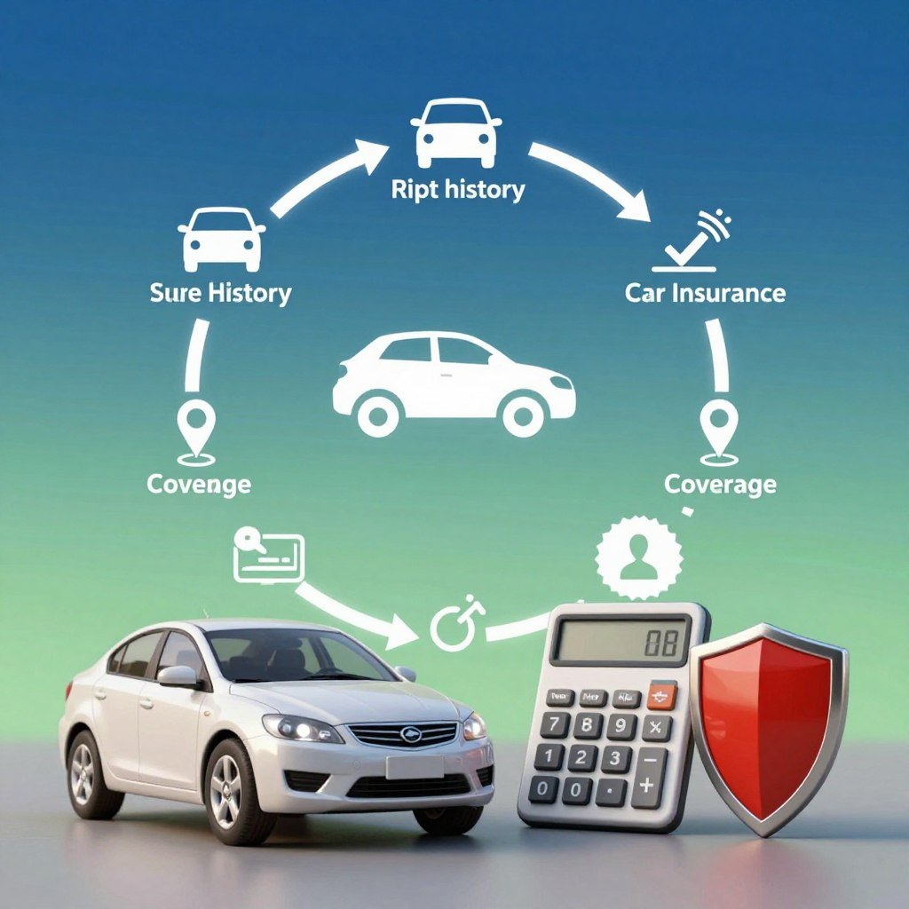 A visually striking infographic illustrating the factors influencing comprehensive car insurance prices. In the foreground, various symbols such as a car, a calculator, and a shield represent insurance elements, all realistically rendered. In the middle ground, display icons for driving history, vehicle type, location, and coverage options, artistically arranged in a circular flow chart format. The background should feature a subtle gradient of blue and green, suggesting trust and stability, with gentle lighting highlighting the icons. Capture an analytical and informative mood, reminiscent of a professional presentation, using a wide-angle lens to create a dynamic composition. Ensure no text or watermarks clutter the image, focusing solely on the visual representation of the insurance factors.