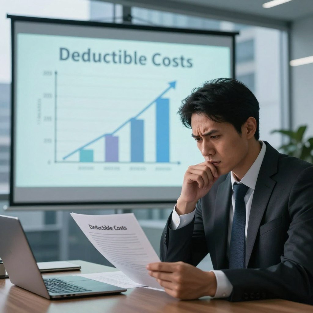 A visually striking representation of the disadvantages of car insurance deductibles, featuring a split scene in a modern office environment. In the foreground, a concerned professional in formal attire studies a document labeled "Deductible Costs," furrowing their brow in contemplation. In the middle, a large projection screen displays a chart illustrating rising deductible expenses over time, casting subtle light onto the scene. The background features a cityscape through large windows, slightly blurred to create depth. Soft, natural lighting emphasizes a serious yet informative mood, while accentuating the professional setting. The overall atmosphere conveys a sense of contemplation and concern regarding car insurance decisions, focusing on the financial implications of high deductibles.