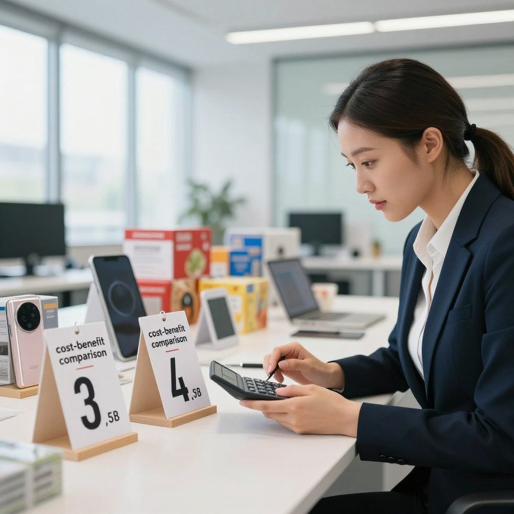 A visually striking scene illustrating "cost-benefit comparison." In the foreground, a well-dressed professional woman examines two contrasting price tags on products displayed on a sleek table, using a calculator to analyze costs. In the middle ground, blurred images of various products like gadgets and groceries highlight the diversity of choices available. The background showcases a modern, bright office environment with large windows letting in soft natural light, enhancing a clear atmosphere of analysis and decision-making. The composition includes a slight depth of field, giving attention to the woman and price tags, while soft shadows add depth to the image. The overall mood is focused and analytical, emphasizing the importance of smart purchasing decisions without distractions.