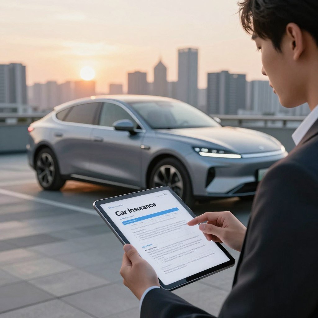 A visually striking scene illustrating the concept of personalized car insurance. In the foreground, place a professional individual, dressed in business attire, confidently reviewing a customizable insurance policy document on a sleek digital tablet. In the middle, showcase a modern car with unique design elements, symbolizing customization, parked in an urban setting. The background features a city skyline with a soft sunset glow, casting warm light that creates a welcoming atmosphere. The overall mood should evoke a sense of security and professionalism, emphasizing the benefits of tailored car insurance. The scene should be captured from a slight low angle, highlighting the individual and the vehicle in a dynamic composition. A visually striking scene illustrating the concept of personalized car insurance. In the foreground, place a professional individual, dressed in business attire, confidently reviewing a customizable insurance policy document on a sleek digital tablet. In the middle, showcase a modern car with unique design elements, symbolizing customization, parked in an urban setting. The background features a city skyline with a soft sunset glow, casting warm light that creates a welcoming atmosphere. The overall mood should evoke a sense of security and professionalism, emphasizing the benefits of tailored car insurance. The scene should be captured from a slight low angle, highlighting the individual and the vehicle in a dynamic composition.