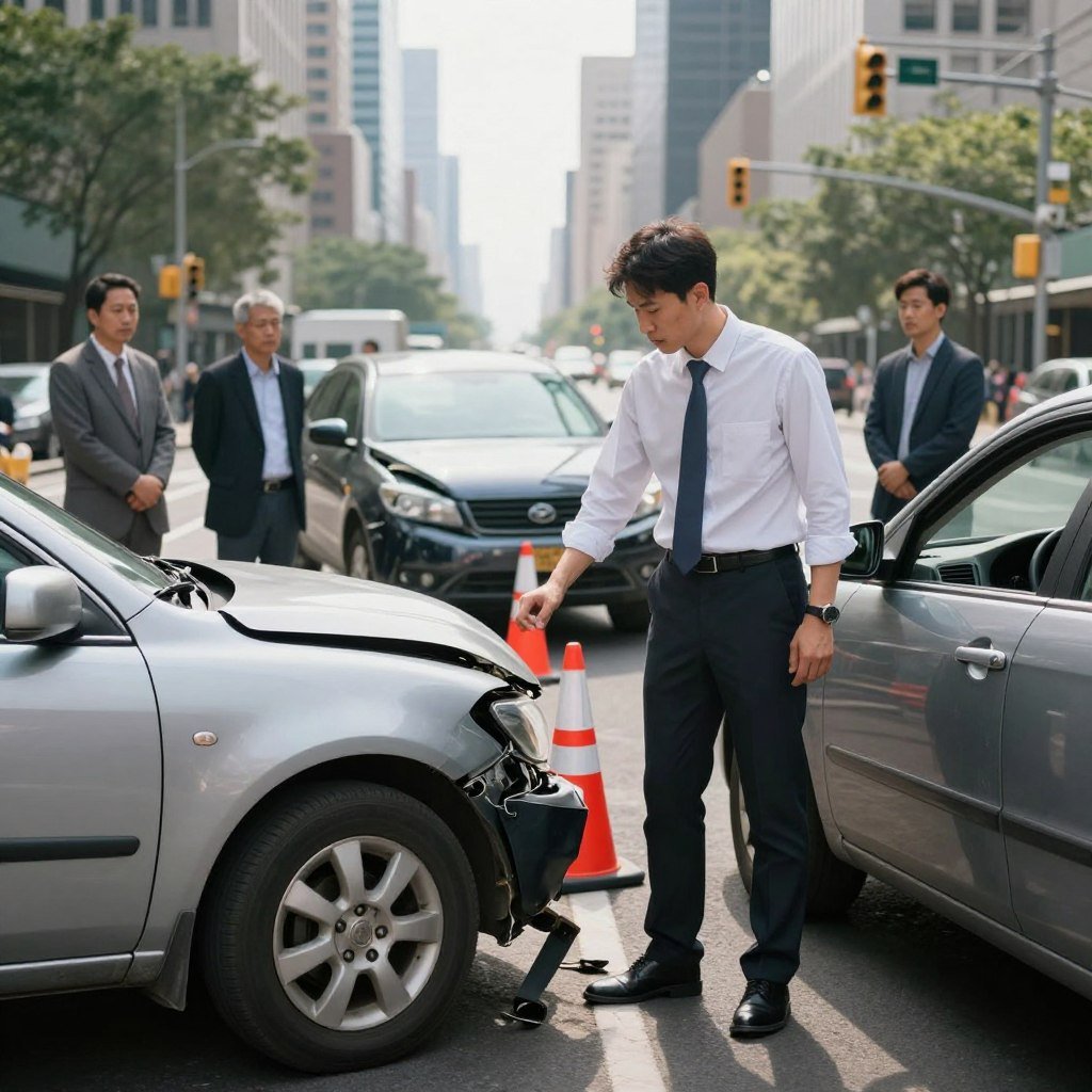 A well-composed scene depicting a car accident scenario in an urban environment. In the foreground, a concerned driver in professional attire stands next to their damaged vehicle, inspecting the situation. The middle ground features a second vehicle with visible damages and a traffic cone signaling caution. Surrounding the area, a few onlookers, dressed in business casual clothing, observe while maintaining a respectful distance. The background showcases a busy city street with skyscrapers and traffic lights, emphasizing the setting. Soft, natural daylight illuminates the scene, casting gentle shadows that enhance the realism. The atmosphere is serious yet calm, conveying a sense of urgency without panic, while reinforcing the importance of safety and procedure in such events.