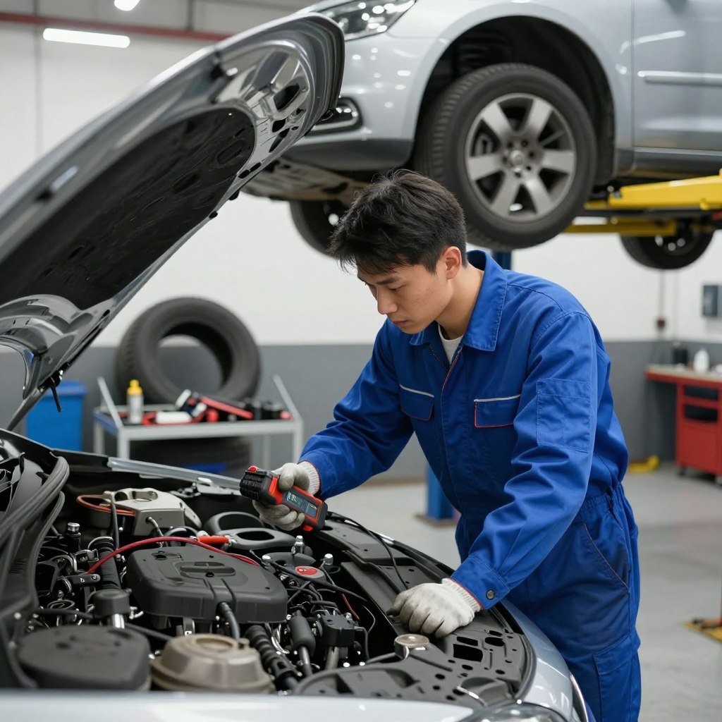 A well-lit auto repair shop scene focused on vehicle maintenance. In the foreground, a professional mechanic, dressed in a blue jumpsuit and safety gloves, is inspecting the hood of a car with a diagnostic tool in hand. The middle ground features various tools neatly organized on a workbench, a tire rack in the background, and a partially lifted car on a hydraulic lift, showcasing a detailed view of its undercarriage. The background includes bright overhead lights reflecting off metal surfaces, adding a clean and organized atmosphere. The mood is focused and industrious, emphasizing the importance of regular vehicle maintenance for cost-saving and safety. The camera angle should be slightly low to enhance the mechanic's engaged expression, capturing the dedication to maintaining vehicles efficiently.