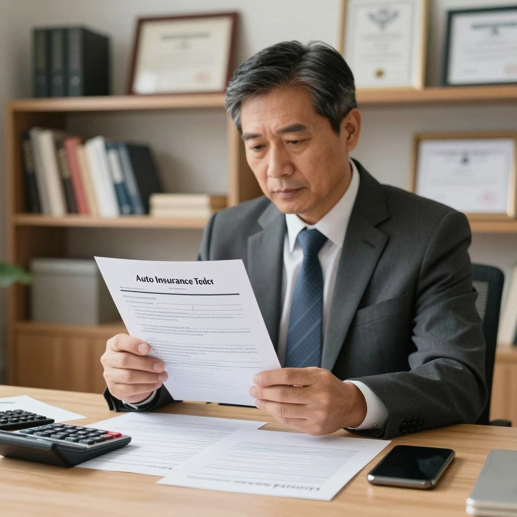 A well-lit office scene depicting a professional, middle-aged man in a crisp business suit reading an auto insurance policy. The foreground features a desk cluttered with insurance documents, a calculator, and a smartphone, emphasizing the detailed examination of the policy. In the middle, the man is focused, with a thoughtful expression, reflecting the importance of understanding the terms and conditions of the insurance. In the background, shelves filled with books and framed certifications create an atmosphere of expertise and trust. Soft, warm lighting enhances the serious yet approachable mood, while a shallow depth of field keeps the focus on the man and the policy, drawing viewers into the subject of auto insurance by age.