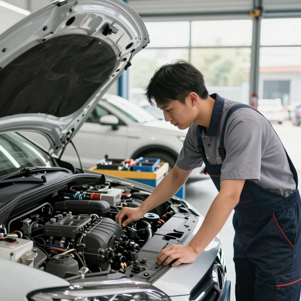 A well-maintained automobile in a bright, upscale garage setting. In the foreground, a mechanic, dressed in professional work attire, inspects the engine with a focus on preventative maintenance. The middle ground shows automotive tools neatly organized on a workbench, emphasizing a sense of professionalism and care. In the background, large windows allow natural light to flood the space, illuminating the sleek car and creating an inviting atmosphere. The scene conveys a sense of trust and responsibility, showcasing the importance of regular maintenance for car insurance benefits. The overall mood is optimistic and reassuring, highlighting the connection between proper upkeep and safety. A well-maintained automobile in a bright, upscale garage setting. In the foreground, a mechanic, dressed in professional work attire, inspects the engine with a focus on preventative maintenance. The middle ground shows automotive tools neatly organized on a workbench, emphasizing a sense of professionalism and care. In the background, large windows allow natural light to flood the space, illuminating the sleek car and creating an inviting atmosphere. The scene conveys a sense of trust and responsibility, showcasing the importance of regular maintenance for car insurance benefits. The overall mood is optimistic and reassuring, highlighting the connection between proper upkeep and safety.
