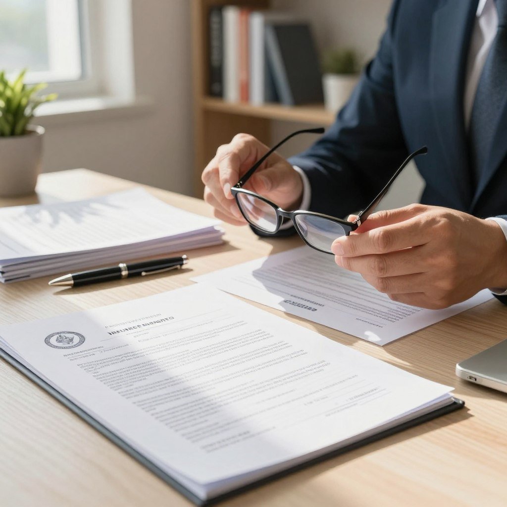 A well-organized desk featuring a detailed insurance contract prominently displayed in the foreground, intricately designed with official seals and intricate text. Alongside the contract, a neatly stacked pile of related documents and a stylish pen. In the middle ground, a pair of hands, dressed in business attire, holding reading glasses, thoughtfully examining the contract. The background showcases a soft-focus office setting with a bookshelf filled with financial books and a soothing indoor plant, creating a professional atmosphere. Natural lighting filters in from a nearby window, casting gentle shadows and enhancing the seriousness of the scene, evoking a sense of importance and diligence in reviewing insurance contracts. The overall mood conveys professionalism and careful consideration.