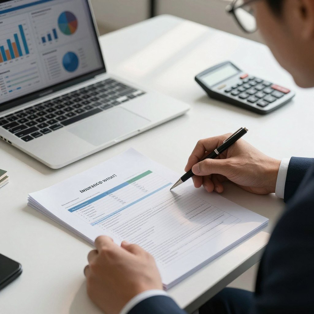A well-organized desk in a modern office, featuring a close-up of an open insurance policy document with highlighted sections, showcasing detailed text and tables, alongside a professional businessman in a suit analyzing the document. In the background, a laptop with graphs and charts, a pen, and a calculator create a focused atmosphere. Soft, natural lighting flows through a nearby window, casting gentle shadows that add depth to the scene. The angle is from slightly above, emphasizing the details of the document and the engaged expression of the man as he reviews the policy. A calm and analytical mood prevails, suggesting thorough examination and decision-making regarding insurance coverage.