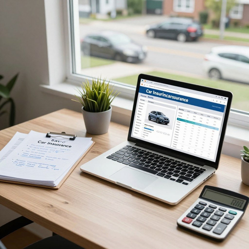 A well-organized office desk in the foreground features a laptop displaying a car insurance calculator, accompanied by a stack of financial documents and a calculator. In the middle ground, a small potted plant adds a touch of greenery, while a notepad shows handwritten notes with tips for saving on car insurance, such as comparison shopping, bundling policies, and maintaining a good driving record. In the background, a window overlooks a suburban street, with parked cars suggested to be different models, hinting at various insurance options. The atmosphere is bright and focused, with natural light streaming in, suggesting a professional yet inviting environment. The angle is slightly elevated, creating a dynamic perspective without any people present.