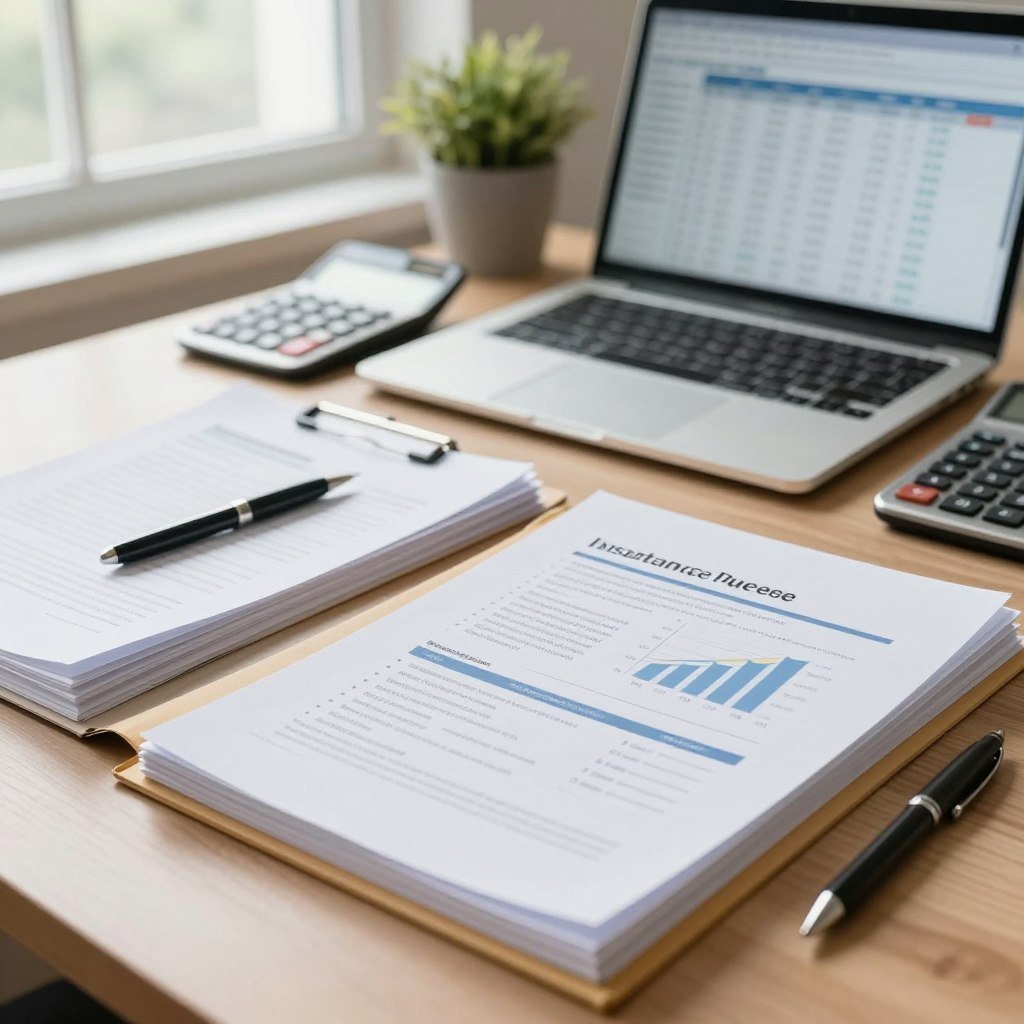 A well-organized office desk scene focused on documents for insurance quotes. In the foreground, a stack of neatly arranged papers, folders, and a pen. The papers are adorned with graphs and bullet points, representing various insurance options. In the middle ground, a laptop is open displaying a spreadsheet comparing insurance rates, with a calculator beside it. The background features a window with natural light streaming in, illuminating the workspace, and a potted plant adding a touch of greenery. The mood is professional and focused, conveying a sense of diligence and preparation. The image is to be shot from a slightly elevated angle to capture the layout effectively, with soft focus on the background elements to emphasize the documents in the foreground.