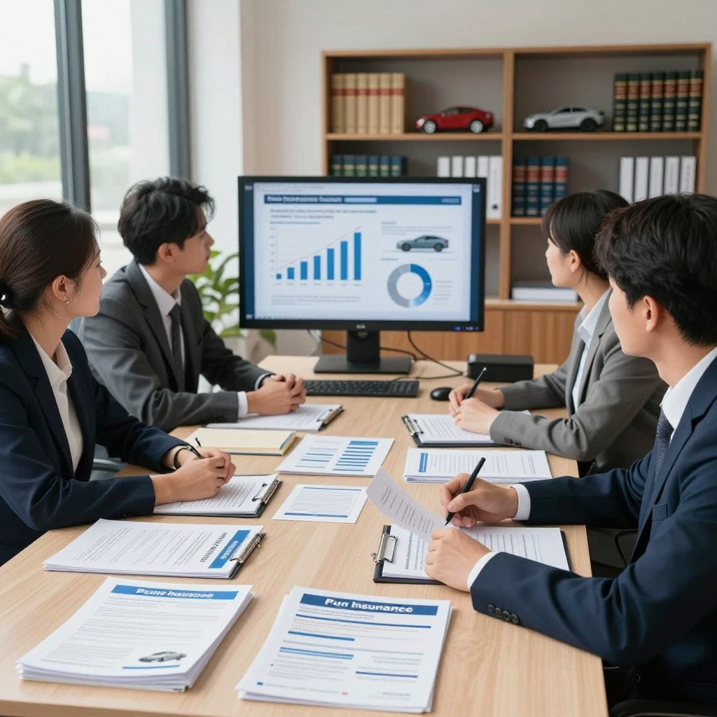 A well-organized office setting focusing on automotive insurance regulations, featuring a professional and diverse group of individuals in business attire, engaging in a discussion around a large table. In the foreground, there are open paperwork and brochures regarding auto insurance policies. The middle ground showcases a digital screen displaying graphs and charts related to automotive laws. In the background, shelves filled with legal books and automotive models reflect a blend of professionalism and knowledge. Soft, natural lighting streams through a large window, creating a warm yet focused atmosphere. The scene conveys a sense of collaboration and seriousness, emphasizing the importance of understanding automotive insurance regulations.