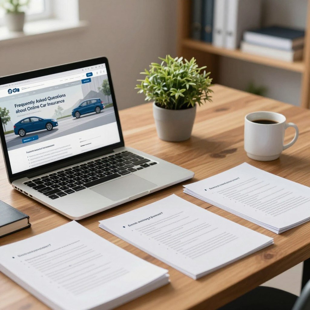 A well-organized workspace illustrating "Frequently Asked Questions about Online Car Insurance." In the foreground, a polished wooden desk with a laptop open, displaying a modern website interface for car insurance quotes. Surrounding the laptop, neatly arranged documents with bullet points highlighting common questions. In the middle ground, a potted plant and a coffee mug enhance the productivity vibe. In the background, a softly blurred office environment with shelves containing books on insurance and finance. Use soft, natural lighting to create a warm and inviting atmosphere, evoking a sense of trust and professionalism. The camera angle is slightly elevated, focusing on the desk to emphasize organization and clarity in the discussion of car insurance queries.