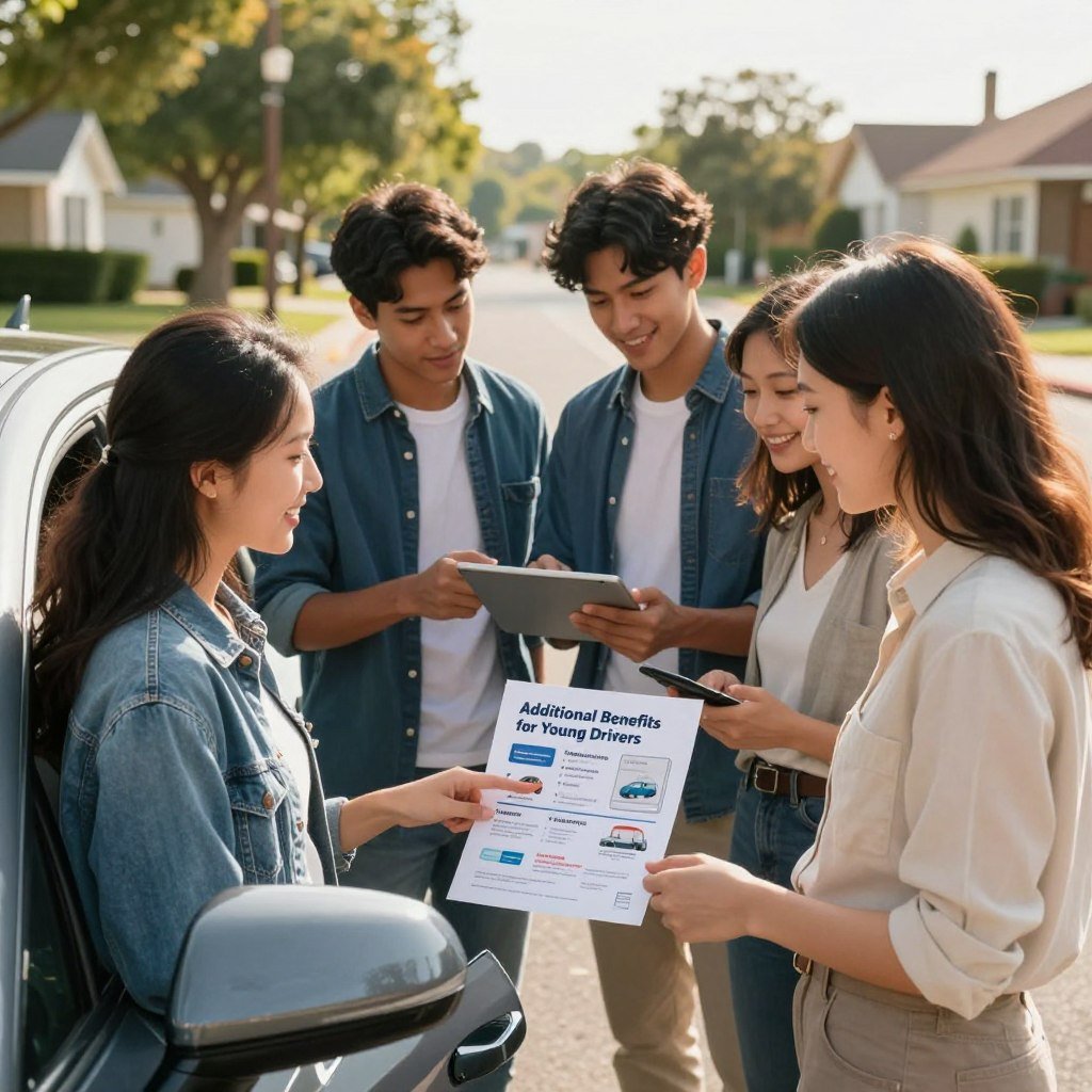 A young, diverse group of drivers gathered around a modern car, engaging in a discussion about car insurance benefits. In the foreground, one young woman in smart casual attire points to a brochure titled "Additional Benefits for Young Drivers," showcasing various perks like roadside assistance and discounts. In the middle ground, two young men review their insurance options on a digital tablet, while another female driver smiles, highlighting satisfaction and camaraderie. The background features a sunny suburban street with trees and houses, emphasizing a safe and friendly environment. Soft, natural lighting casts a warm glow, enhancing the inviting atmosphere. The overall mood is professional yet relaxed, conveying trust and safety for young drivers looking to protect themselves on the road.