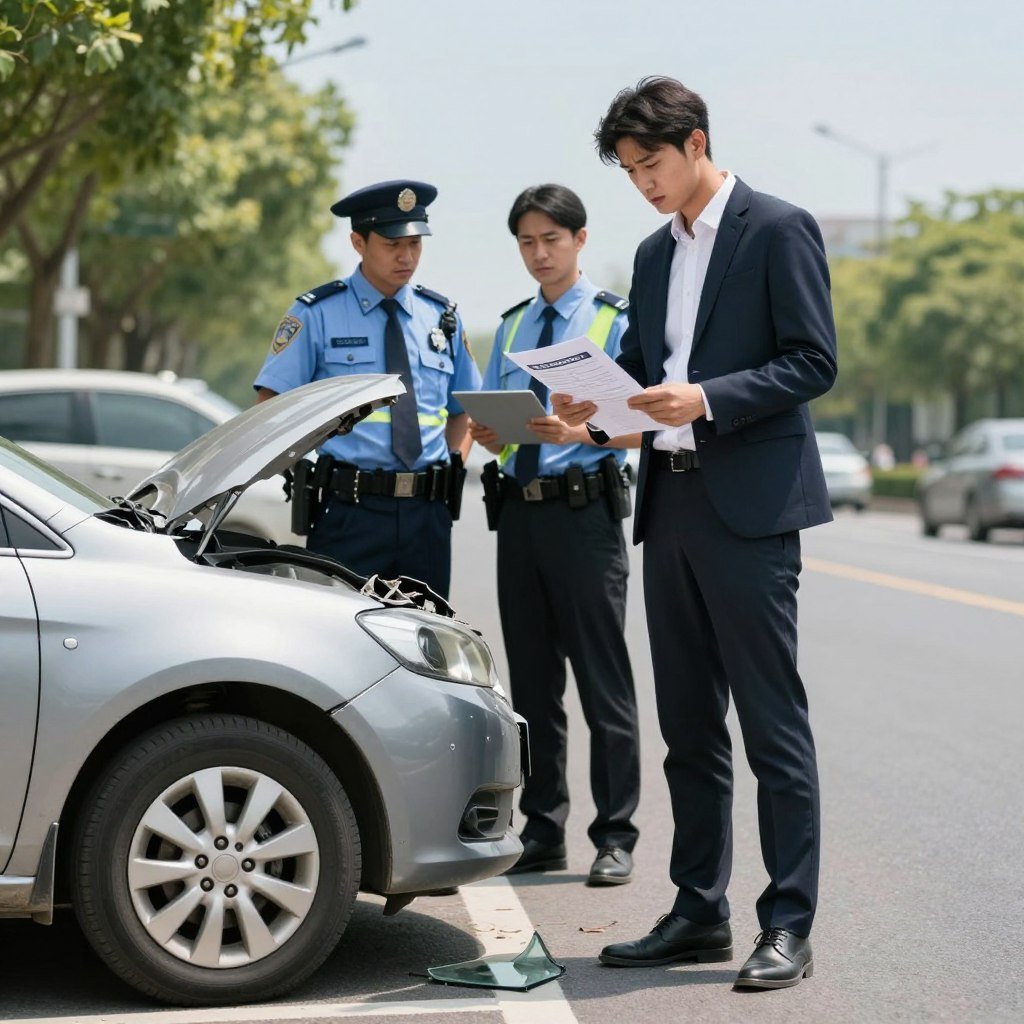 A young driver standing beside a damaged car on the side of a road after an accident. In the foreground, the driver, dressed in professional business attire, is examining their insurance paperwork with a concerned look. The car shows minor damage, with a crumpled fender and glass on the ground to signify the recent accident. In the middle ground, a police officer is talking to the driver, offering assistance with a supportive demeanor. The background features a blurred image of a typical street with trees and a clear blue sky, contributing to the atmosphere of calm amidst the chaos. The lighting is bright and natural, suggesting midday, enhancing the sense of clarity and resolution. The image conveys a mood of responsibility and preparedness in dealing with unexpected situations.