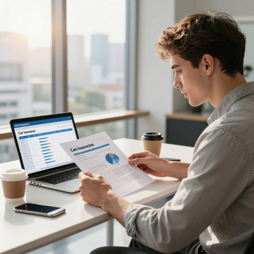 A young driver studying their auto insurance policy in a modern, stylish office environment. In the foreground, a focused young man in business casual attire examines a document with charts and graphs, representing insurance options. In the middle, a sleek desk with a laptop open, showing an insurance calculator application, alongside a cup of coffee and a smartphone. In the background, large windows reveal a bright, sunny cityscape, suggesting a sense of optimism and opportunity. The lighting is warm and inviting, highlighting the seriousness of the topic while creating a professional atmosphere. The overall mood conveys a proactive approach to understanding car insurance franchise, emphasizing the importance of making informed decisions on the road.