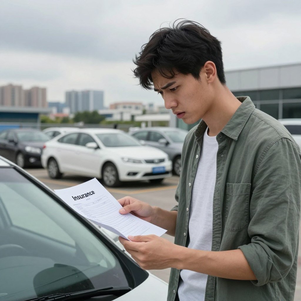 A young male driver in a modest casual outfit stands worriedly next to a car, looking at a heavily marked document labeled "Insurance." The driver portrays a sense of concern about high insurance rates specific to young motorists. In the middle ground, a car dealership is visible, showcasing several cars to emphasize the insurance theme. The background features a city skyline under a cloudy sky, creating a slightly tense atmosphere. Soft, diffused lighting enhances the mood, highlighting the driver's worried expression. The image should be shot from a slightly low angle to emphasize the driver's body language, making it relatable for viewers. The scene encapsulates the challenges young drivers face with auto insurance.