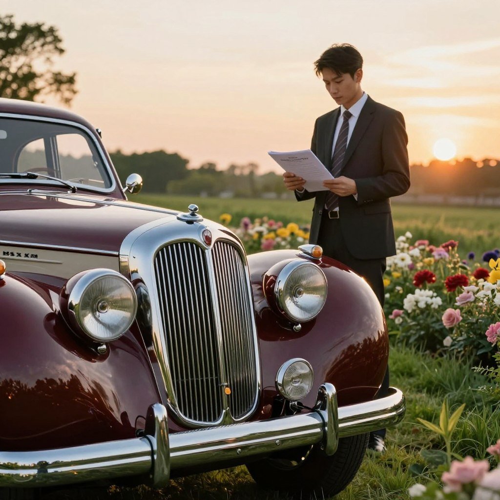 An exquisite vintage car parked in an idyllic setting, showcasing its timeless design and classic features. In the foreground, the polished chrome grille gleams under the warm golden sunlight, while the rich color of the car's body reflects its well-preserved state. Surrounding the vehicle, lush green grass and blooming flowers frame the scene, emphasizing the nostalgia of classic automobiles. In the middle ground, a professional-looking individual dressed in business attire examines an insurance document, with a contemplative expression, symbolizing the importance of vintage car insurance. The background features a soft-focus sunset sky, enhancing the atmosphere with a sense of tranquility and security. The image is captured from a slightly elevated angle, with a focus on clarity and vivid colors, creating an inviting and serene mood. An exquisite vintage car parked in an idyllic setting, showcasing its timeless design and classic features. In the foreground, the polished chrome grille gleams under the warm golden sunlight, while the rich color of the car's body reflects its well-preserved state. Surrounding the vehicle, lush green grass and blooming flowers frame the scene, emphasizing the nostalgia of classic automobiles. In the middle ground, a professional-looking individual dressed in business attire examines an insurance document, with a contemplative expression, symbolizing the importance of vintage car insurance. The background features a soft-focus sunset sky, enhancing the atmosphere with a sense of tranquility and security. The image is captured from a slightly elevated angle, with a focus on clarity and vivid colors, creating an inviting and serene mood.