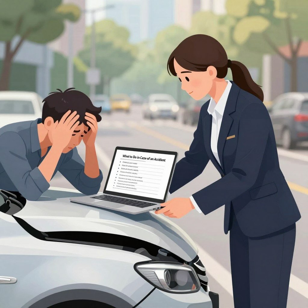 An illustrated scene depicting a professional car accident procedure. In the foreground, a calm and organized insurance agent dressed in smart business attire is assisting a distressed driver next to a slightly damaged vehicle, showing compassion and professionalism. In the middle ground, an open laptop displays a clear checklist titled “What to Do in Case of an Accident,” with bullet points visible, such as “Contact your insurer” and “Note the incident details.” In the background, a serene urban street with soft daylight filters through, establishing a reassuring atmosphere. The lighting is bright yet soft, casting gentle shadows to enhance the scene's clarity. Capture this moment with a balanced composition, focusing on the emotion and clarity needed during a stressful event, while conveying a sense of support and guidance. An illustrated scene depicting a professional car accident procedure. In the foreground, a calm and organized insurance agent dressed in smart business attire is assisting a distressed driver next to a slightly damaged vehicle, showing compassion and professionalism. In the middle ground, an open laptop displays a clear checklist titled “What to Do in Case of an Accident,” with bullet points visible, such as “Contact your insurer” and “Note the incident details.” In the background, a serene urban street with soft daylight filters through, establishing a reassuring atmosphere. The lighting is bright yet soft, casting gentle shadows to enhance the scene's clarity. Capture this moment with a balanced composition, focusing on the emotion and clarity needed during a stressful event, while conveying a sense of support and guidance.