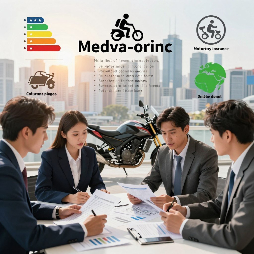 An informative scene illustrating the various factors influencing motorcycle insurance pricing. In the foreground, a diverse group of professionals in business attire, including a man and a woman, are discussing insurance documents on a table filled with charts and graphs. The middle ground features a large motorcycle with a price tag, surrounded by symbols representing key factors like safety ratings, rider experience, and geographic location, depicted through icons and diagrams. In the background, a vibrant city skyline suggests urban living, with soft, natural lighting casting a warm glow. The atmosphere is one of collaboration and analysis, conveying a sense of importance and engagement with the topic at hand.