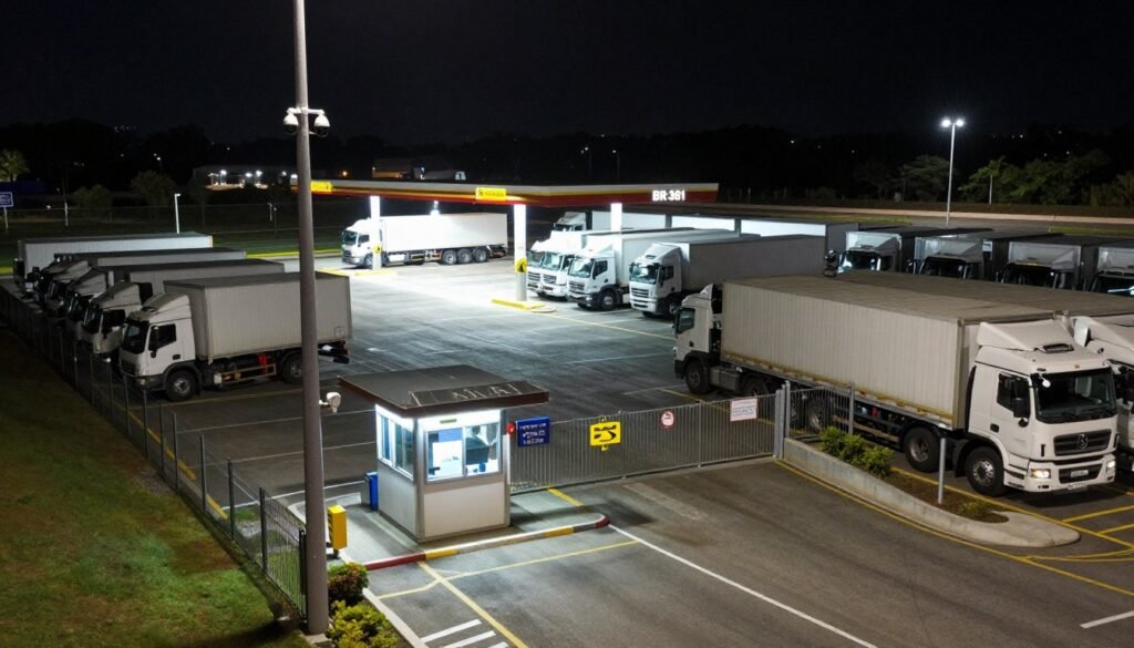 Área de estacionamento segura para caminhoneiros em ponto de paragem na BR-381