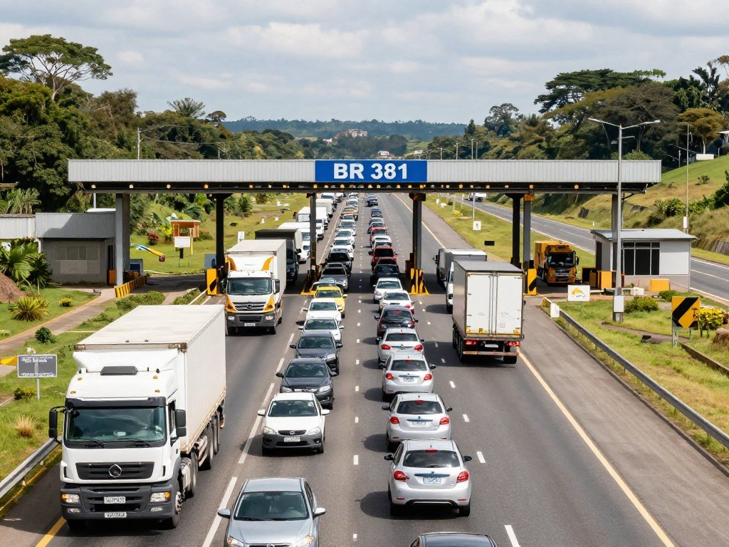 Caminhões e carros trafegando na BR-381 próximo a um ponto de pedágio