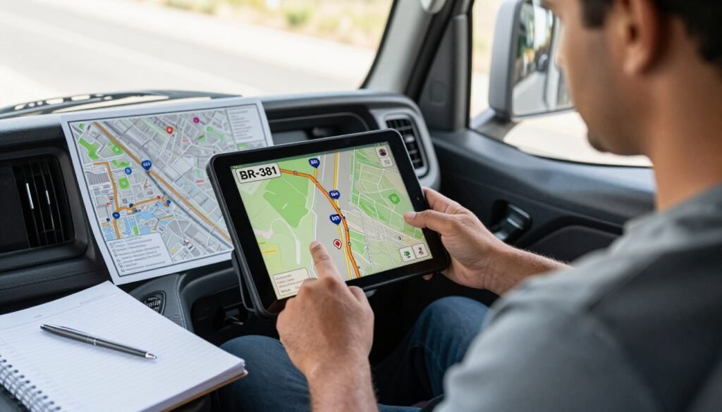Caminhoneiro planejando rota com paradas na BR-381