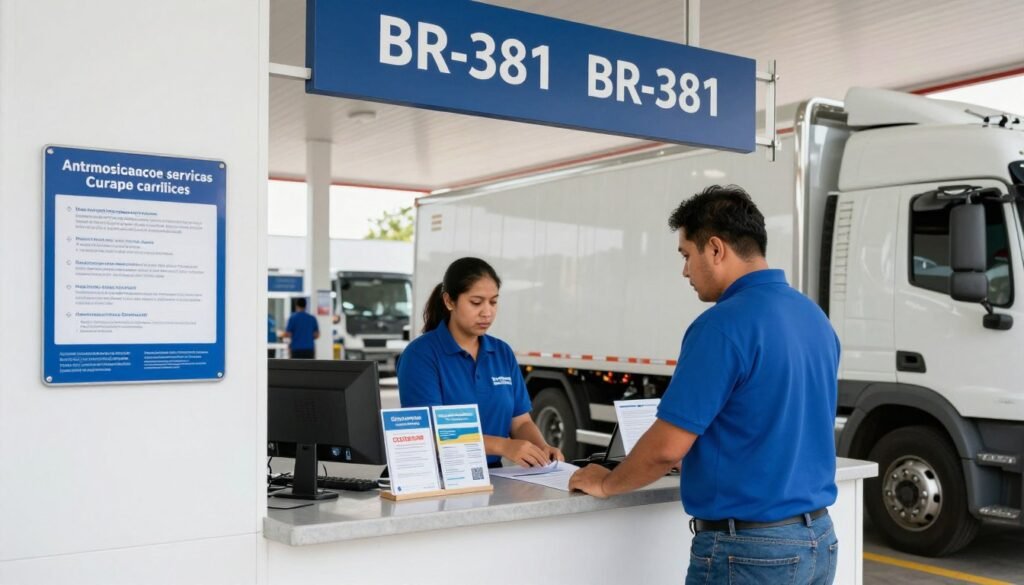 Caminhoneiro utilizando serviços de apoio em ponto de paragem na BR-381