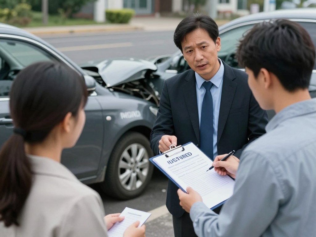 Car accident scene with insurance adjuster explaining uninsured motorist coverage