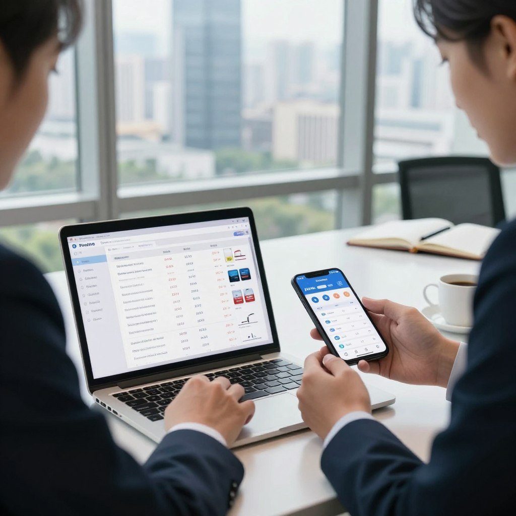 In a bright, modern office setting, two professional individuals in business attire—one examining a laptop and the other holding a smartphone—collaborate on comparing prices. The foreground features a close-up of the laptop screen displaying various online price listings and product images, while the smartphone shows a price comparison app. In the middle ground, a large window reveals a bustling cityscape, with skyscrapers and greenery outside, suggesting an urban environment. The background includes a sleek desk with open notebooks, pens, and a coffee mug, adding to the professional atmosphere. Soft, natural lighting floods the room, creating a productive and focused mood, with a slightly blurred lens effect to emphasize the subjects. This setting embodies the essence of effectively comparing prices and offers.