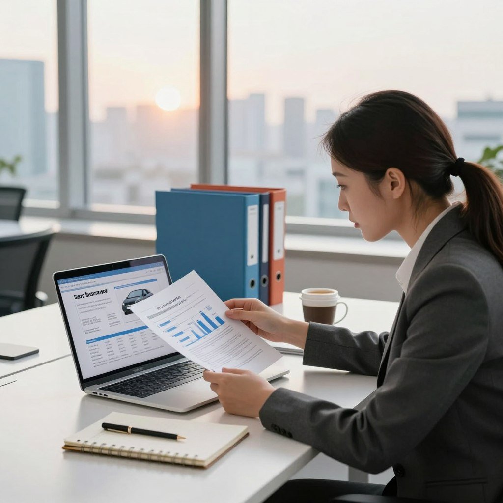 In a modern office environment, a professional working at a sleek desk is actively engaged in comparing car insurance quotes on a laptop. The foreground features the individual, a woman in smart business attire, intently reviewing documents and graphs displayed on the screen. The middle section showcases a well-organized workspace with color-coded folders, a notepad, and a cup of coffee, highlighting the meticulous steps in the quote process. In the background, large windows reveal a cityscape bathed in warm afternoon light, enhancing the atmosphere of professionalism and focus. The image should convey a sense of determination and clarity, with soft, natural lighting emphasizing the details of the workspace while maintaining a clean, inviting aesthetic.