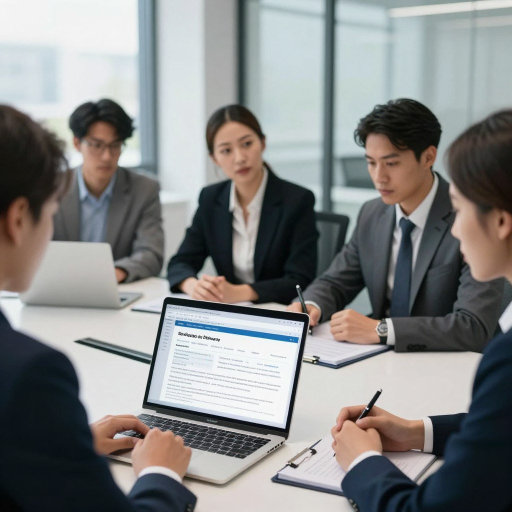 In a professional office setting, a diverse group of individuals, including a woman in a smart blazer and a man in formal attire, are gathered around a conference table discussing a recent insurance claim scenario. The foreground features a laptop displaying a clear claims form, with paperwork and a pen neatly arranged. In the middle, the group is engaged and attentive, some taking notes, while others are visually focused on the laptop’s screen. The background reveals a modern office with large windows, allowing natural light to fill the space, enhancing a sense of clarity and professionalism. The mood is serious yet collaborative, emphasizing the importance of teamwork in navigating the complexities of an insurance incident.