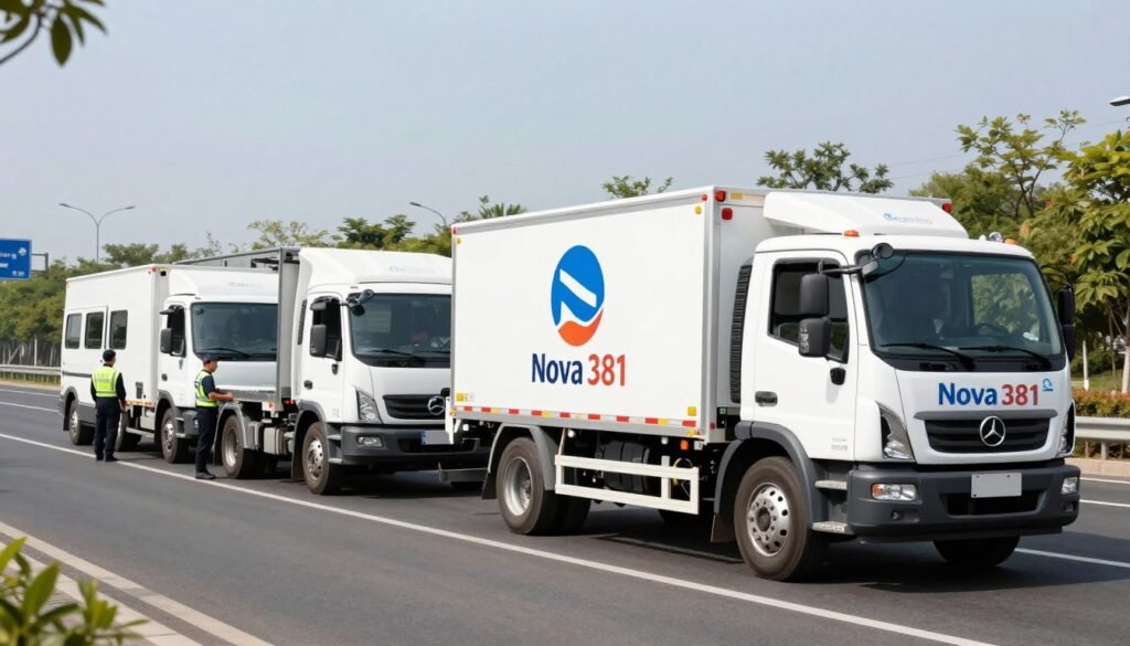 Logo e veículos de serviço da concessionária Nova 381