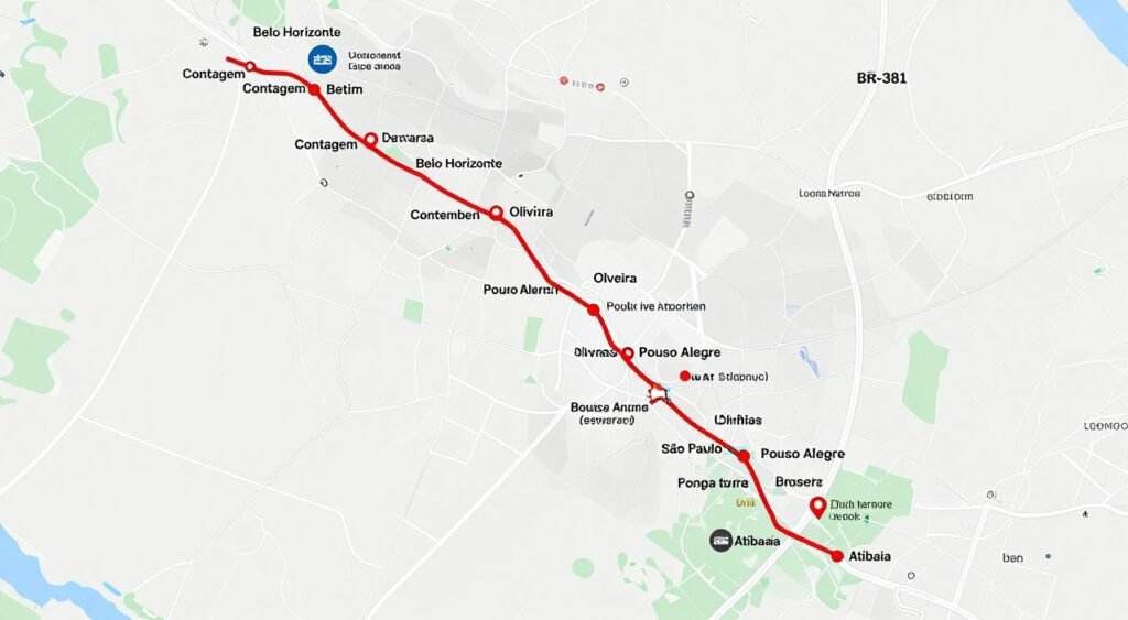 Mapa dos principais pontos de paragem para caminhoneiros na BR-381